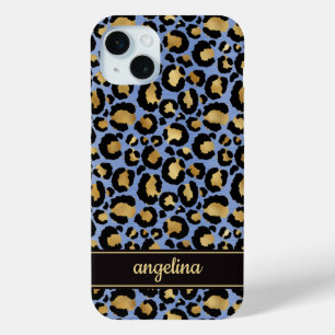 Gold Foil On Blue Leopard Print Monogrammed iPhone 15 Mini Case