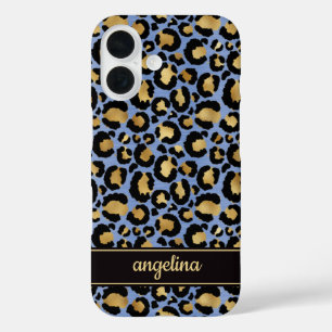 Gold Foil On Blue Leopard Print Monogrammed iPhone 16 Case