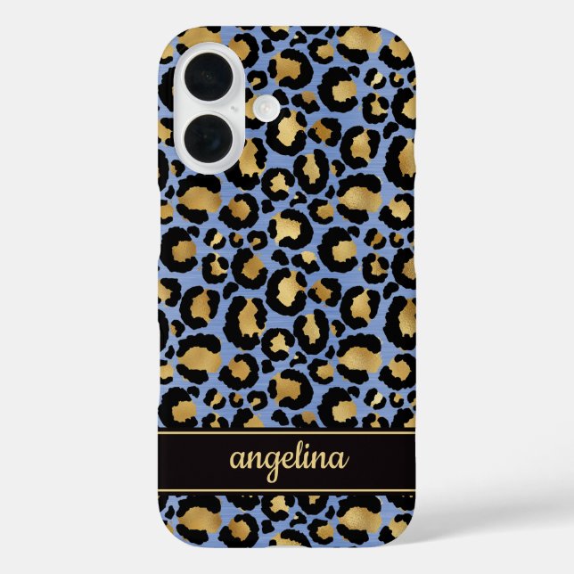 Gold Foil On Blue Leopard Print Monogrammed Case-Mate iPhone Case (Back)
