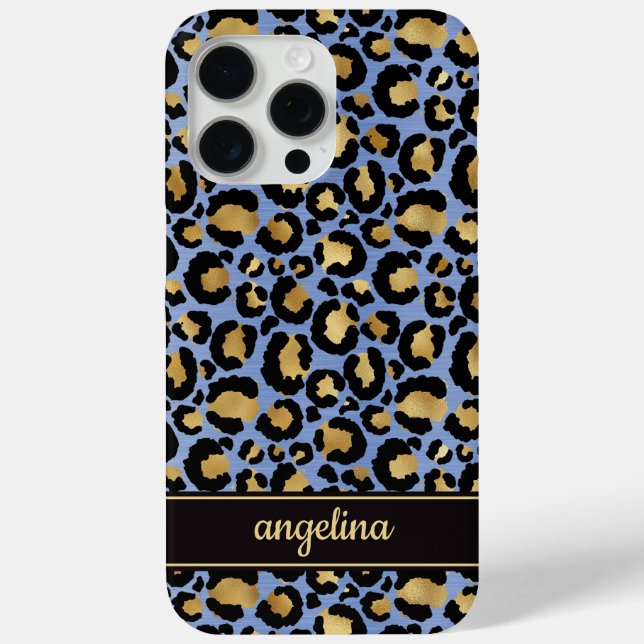 Gold Foil On Blue Leopard Print Monogrammed Case-Mate iPhone Case (Back)