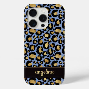 Gold Foil On Blue Leopard Print Monogrammed iPhone 15 Pro Case
