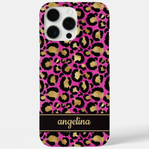 Gold Foil On Hot Pink Leopard Print Monogrammed iPhone 16 Pro Max Case