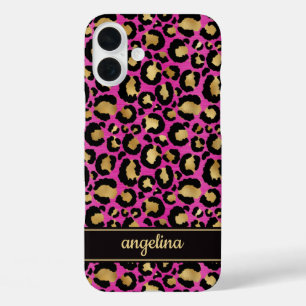 Gold Foil On Hot Pink Leopard Print Monogrammed iPhone 16 Plus Case