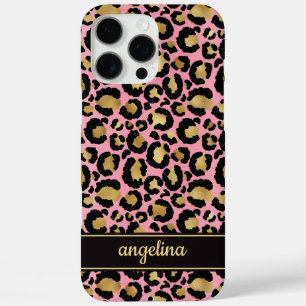 Gold Foil On Pink Leopard Print Monogrammed iPhone 16 Pro Max Case