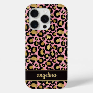 Gold Foil On Pink Leopard Print Monogrammed iPhone 15 Pro Case