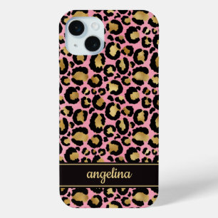 Gold Foil On Pink Leopard Print Monogrammed iPhone 15 Mini Case