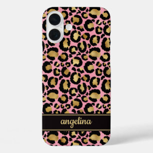 Gold Foil On Pink Leopard Print Monogrammed iPhone 16 Plus Case