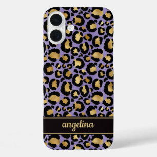 Gold Foil On Purple Leopard Print Monogrammed iPhone 16 Plus Case