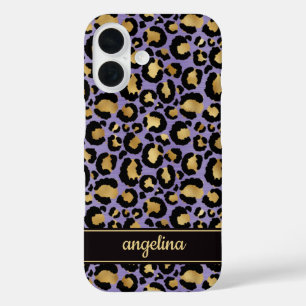 Gold Foil On Purple Leopard Print Monogrammed iPhone 16 Case