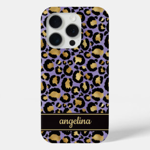 Gold Foil On Purple Leopard Print Monogrammed iPhone 15 Pro Case