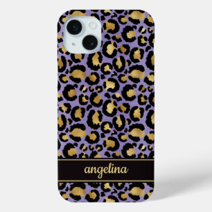 Gold Foil On Purple Leopard Print Monogrammed iPhone 15 Mini Case