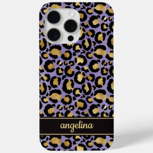 Gold Foil On Purple Leopard Print Monogrammed iPhone 15 Pro Max Case