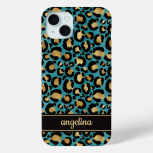 Gold Foil On Teal Leopard Print Monogrammed iPhone 15 Mini Case