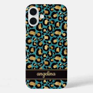 Gold Foil On Teal Leopard Print Monogrammed iPhone 16 Plus Case
