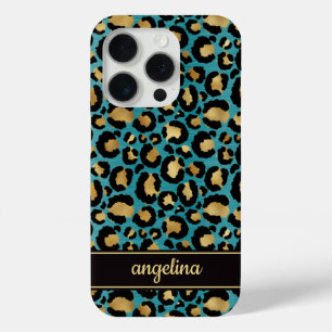 Gold Foil On Teal Leopard Print Monogrammed iPhone 15 Pro Case