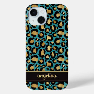 Gold Foil On Teal Leopard Print Monogrammed iPhone 15 Case
