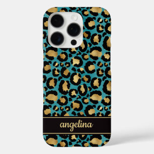 Gold Foil On Teal Leopard Print Monogrammed iPhone 16 Pro Case