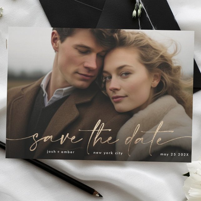 Gold Foil Onyx Black Modern Photo Illuminating Save The Date (Creator Uploaded)