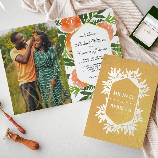 Gold Foil Orange Watercolor Floral Wedding Invite (Creator Uploaded)