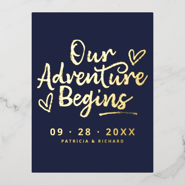 Gold Foil Our Adventure Begins Save the Date Card (Front)