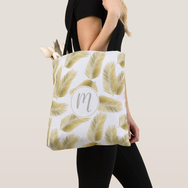 Gold Foil Palm Leaves Pattern & Monogram Tote Bag (Close Up)