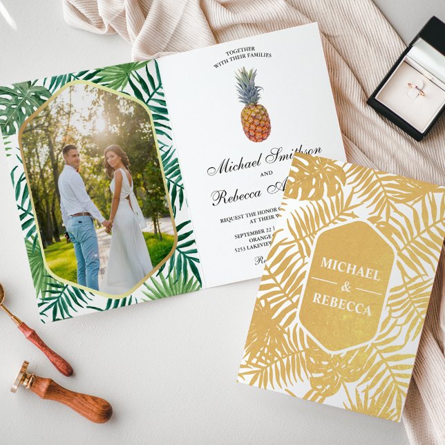 Gold Foil Palm Leaves Pineapple Wedding Invitation (Creator Uploaded)