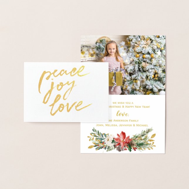 Gold Foil Peace Joy Love Holiday Christmas Photo Card (Display)