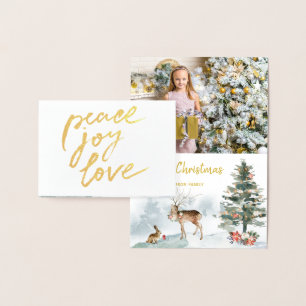 Gold Foil Peace Joy Love Woodland Christmas Photo Card
