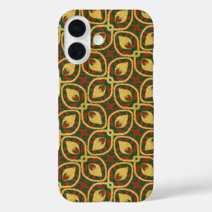 Gold Foil Peacock Feathers Red Green iPhone 16 Case