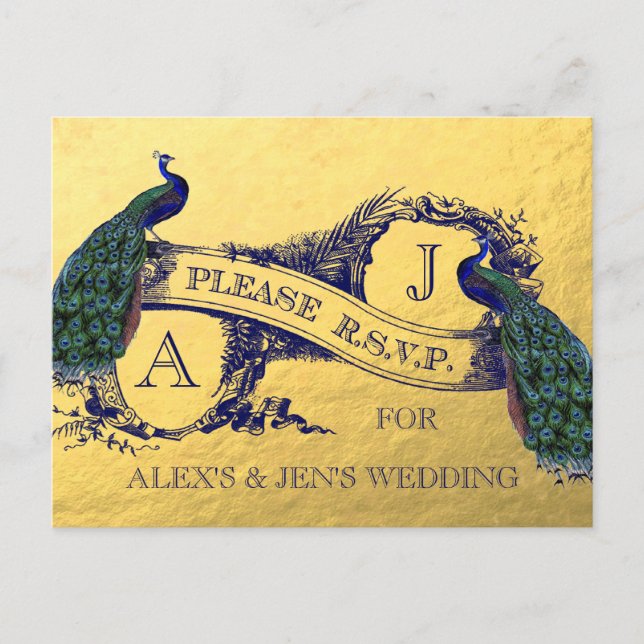 Gold Foil Peacock Wedding RSVP Postcard 2 (Front)