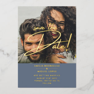 GOLD Foil Photo Overlay Blue Save Date Wedding
