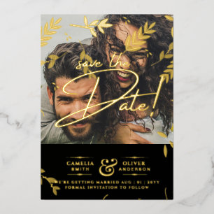 Gold Foil Photo Overlay Leaves Wedding Save Date 