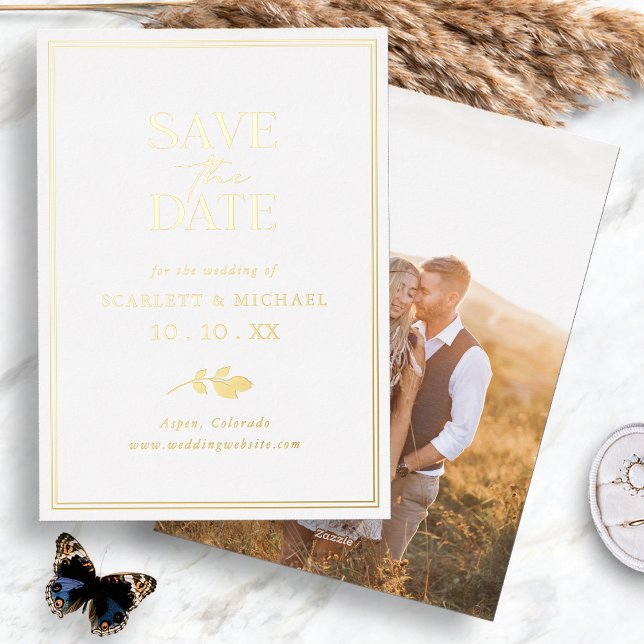 Gold Foil Photo Save The Date Invitations (Simple Minimalist Leaf Gold Foil Photo Save The Date Invitations by Painted Paperie
)