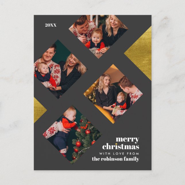 Gold Foil & Photo Squares | Christmas Gallery Holiday Postcard (Front)