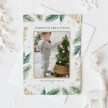 Gold Foil Pine Needles Photo Season's Greetings Holiday Postcard<br><div class="desc">Season's Greetings! Send your warmest Season's Greetings with our customisable photo postcard,  featuring a beautiful green watercolor design and faux gold foil pine needles. Personalise this elegant photo holiday postcard with your favourite photo and message to create a stylish and memorable holiday card for friends and family.</div>