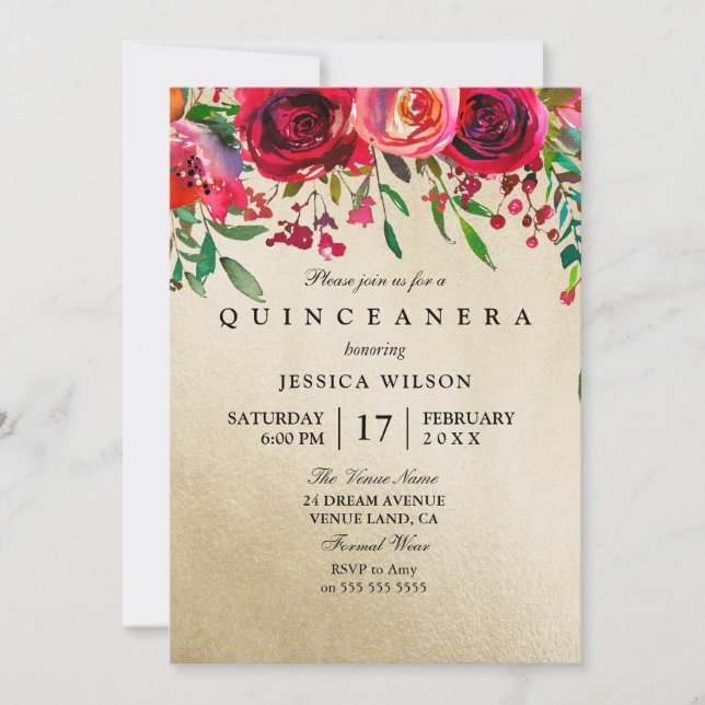 Gold Foil Pink & Red Rose Quinceanera Invitation (Front)