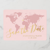 Gold Foil Pink World Map Destination Save the Date