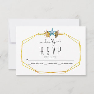 Gold foil polygon and seashells beach wedding RSVP
