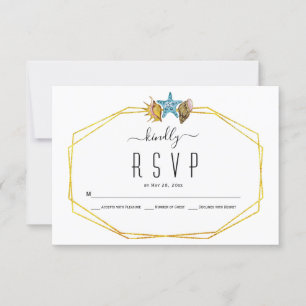 Gold foil polygon and seashells beach wedding RSVP