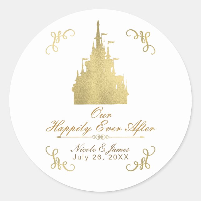 Gold Foil Princess Castle Storybook Wedding Classic Round Sticker (Front)