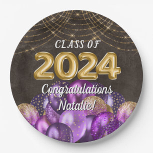 Gold Foil Purple Balloons Class of 2021 Graduation Paper Plate