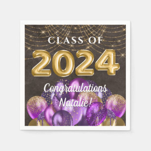 Gold Foil Purple Balloons Class of 2024 Graduation Napkin