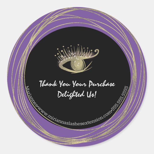 Gold Foil Purple Lash Beauty Salon Business Classic Round Sticker (Front)