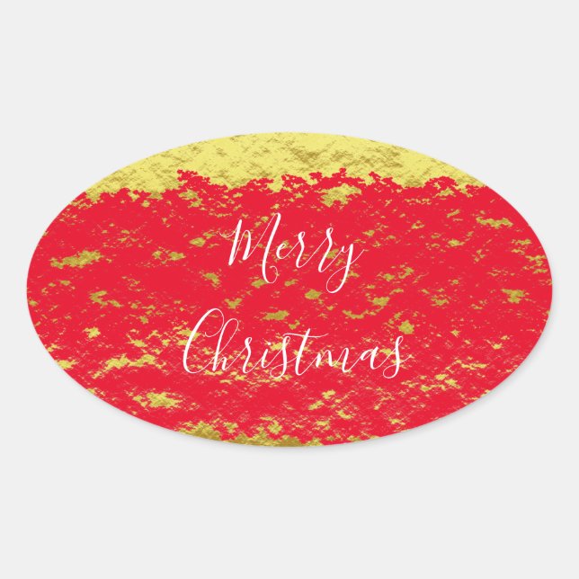 Gold Foil Red Glittery Sparkles Merry Christmas Oval Sticker (Front)