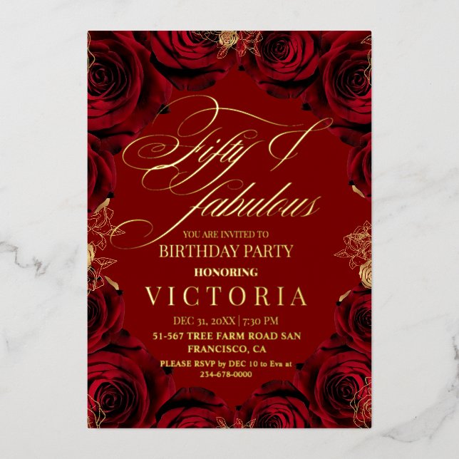 Gold Foil & Red Rose 50th & fabulous Birthday (Front)