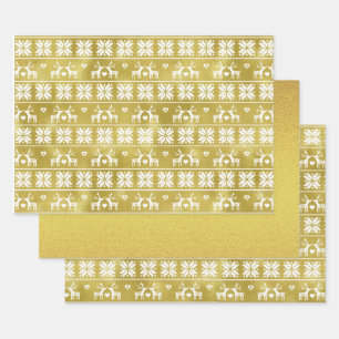 Gold Foil Reindeer Snowflake Pattern and Gold Foil Wrapping Paper Sheet