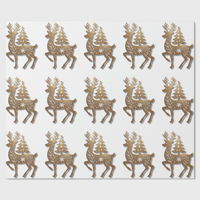 Gold Foil Reindeer with a Christmas Tree  Wrapping Paper (Flat)