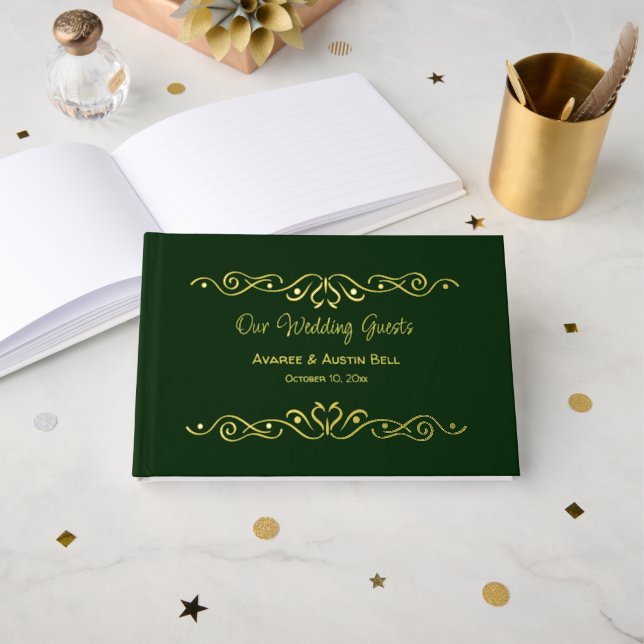Gold Foil Rich Green Wedding  Guest Book (Front Open)