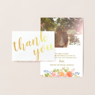 Gold Foil Rose Bouquet Thank You Photo and Name Foil Card