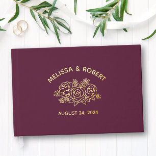 Gold Foil Rose Flowers on Burgundy Wedding Guest Book